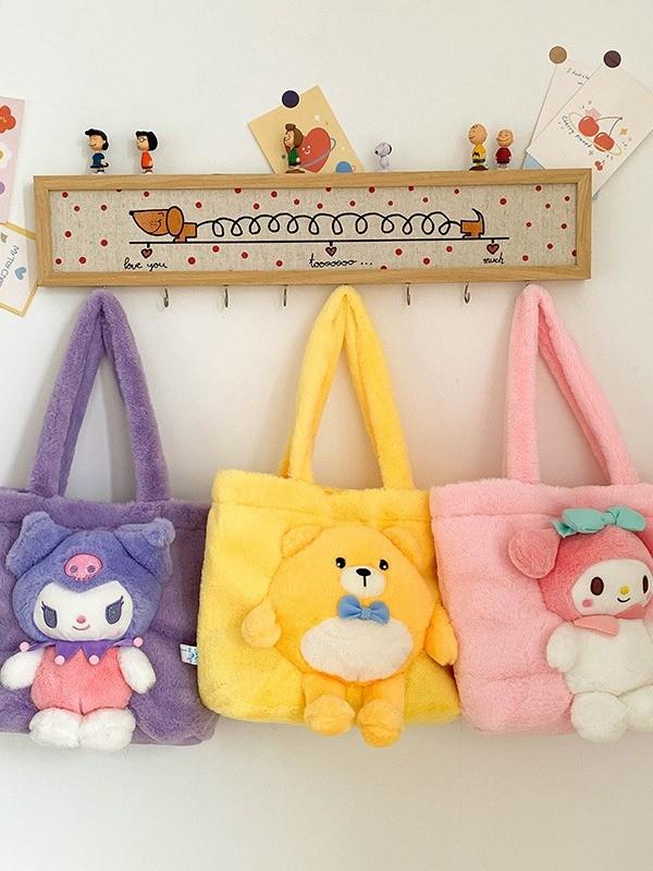 Kuromi Large Tote Bag With Plush Embroidery For Daily Casual Use