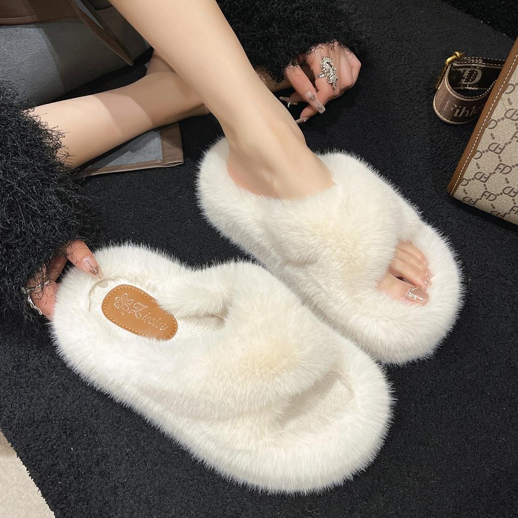 Large size thick bottom cross with fluffy slippers for women to wear 2025 new muffin thick bottom heightening soft bottom household cotton mop