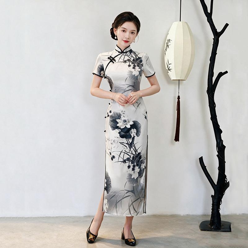 Ink and wash lotus national style new Chinese Suzhou long cheongsam improved young women's high-end sense retro short-sleeved catwalk