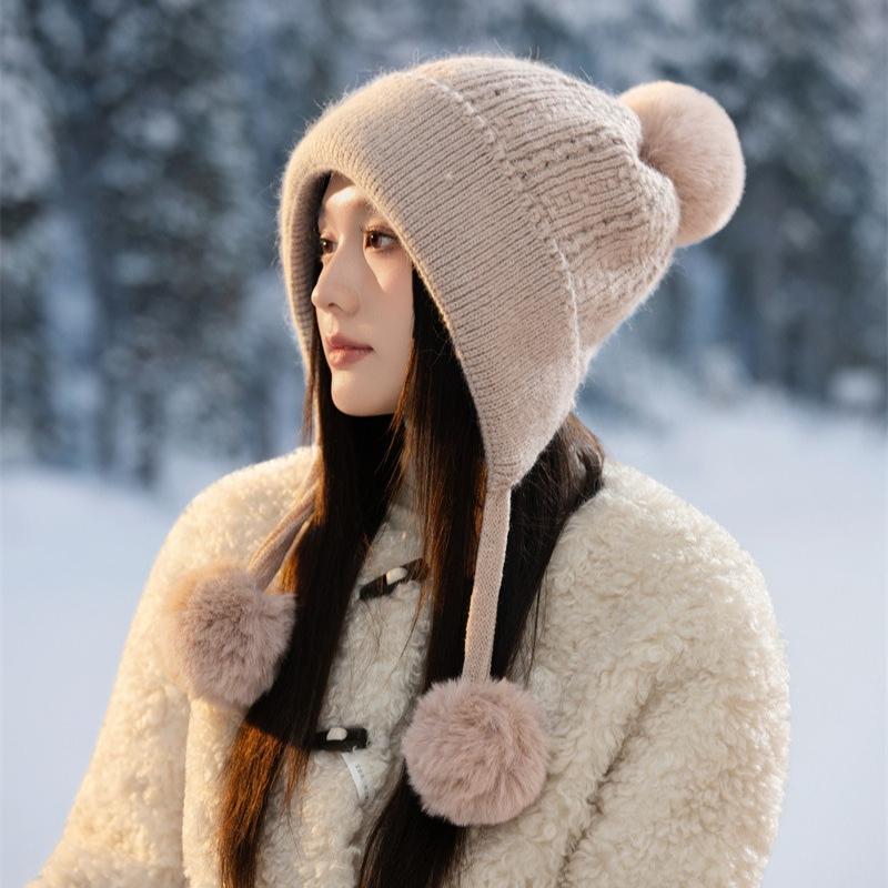 New Rabbit Fur Knitted Warm Hat Autumn and Winter Fleece Thickened Ear Protection Face Fleece Fleece Hat Women's Cold Protection Hat
