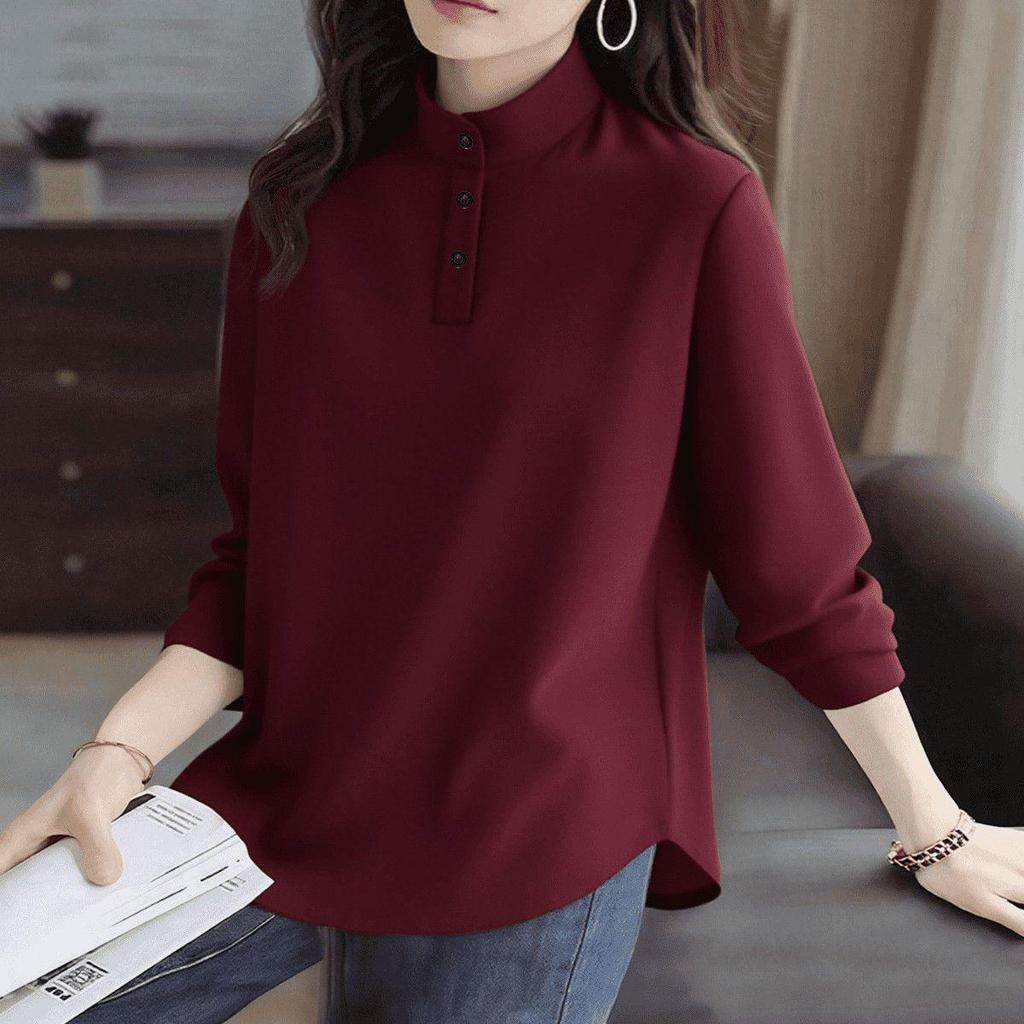 Plus Size Women's Long Sleeve Fleece T-Shirt - Loose & Slimming, Brushed Interior for Autumn/Winter, Half-High Collar, Base Layer.