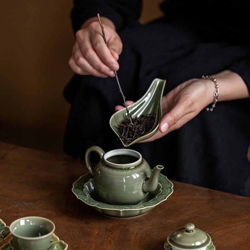 Celadon Ruyi Tea Set: Embossed Gaiwan, Teapot, Cup, Can, and Ornament
