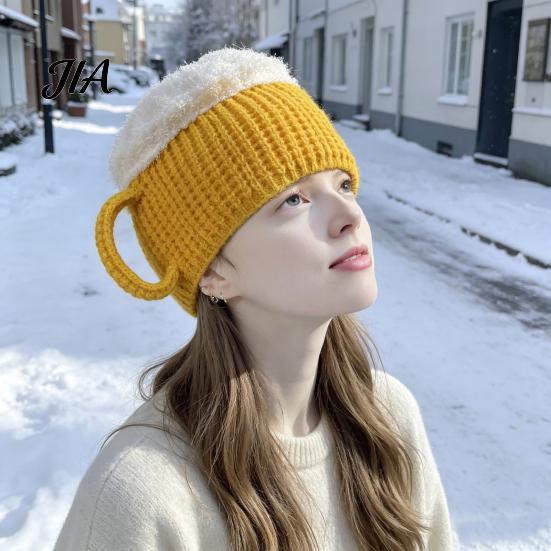 Unique 3D Beer Cup Headwear Funny Mug Hat, Novelty Knitted Leg Warmers Hat with Handles, Winter Warm Gloves for Adults Men And Women Cozy Thanksgiving