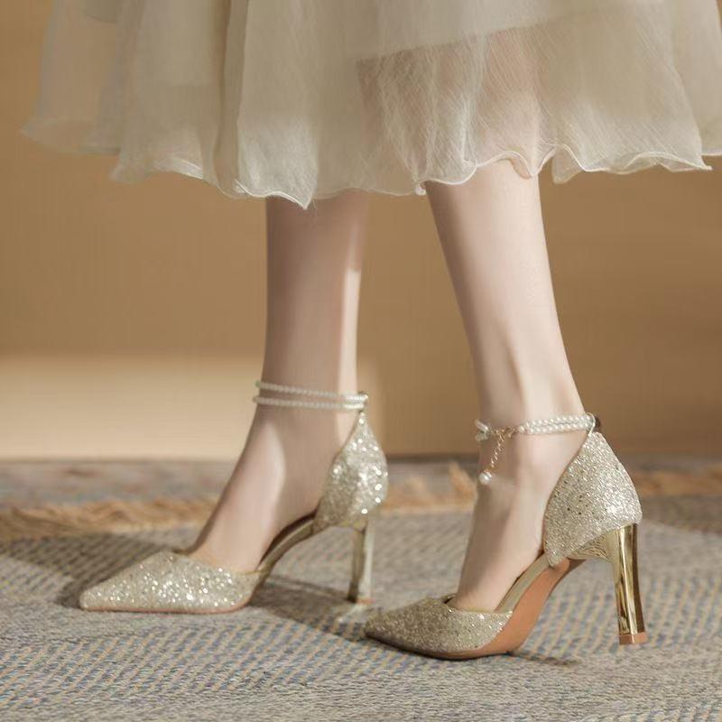 Fashion Women's Party Heel Shoes Summer New Pointy Shallow-cut Sequin Beaded Anti-slip and Wear-resistant High Heels