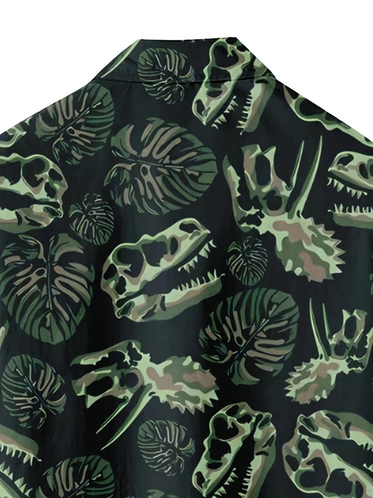 [Gedrucktes Design – Nicht strukturiert] Dinosaurier-Fossilienmuster-Print Herren Freizeit Persönlichkeit Hip-Hop Party Straße Hawaiianisches Hemd, ein Perfektes Geschenk