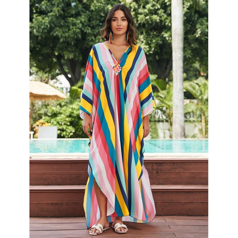 Vacation dress, long robe, loose positioned print beach cover-up, bikini dress