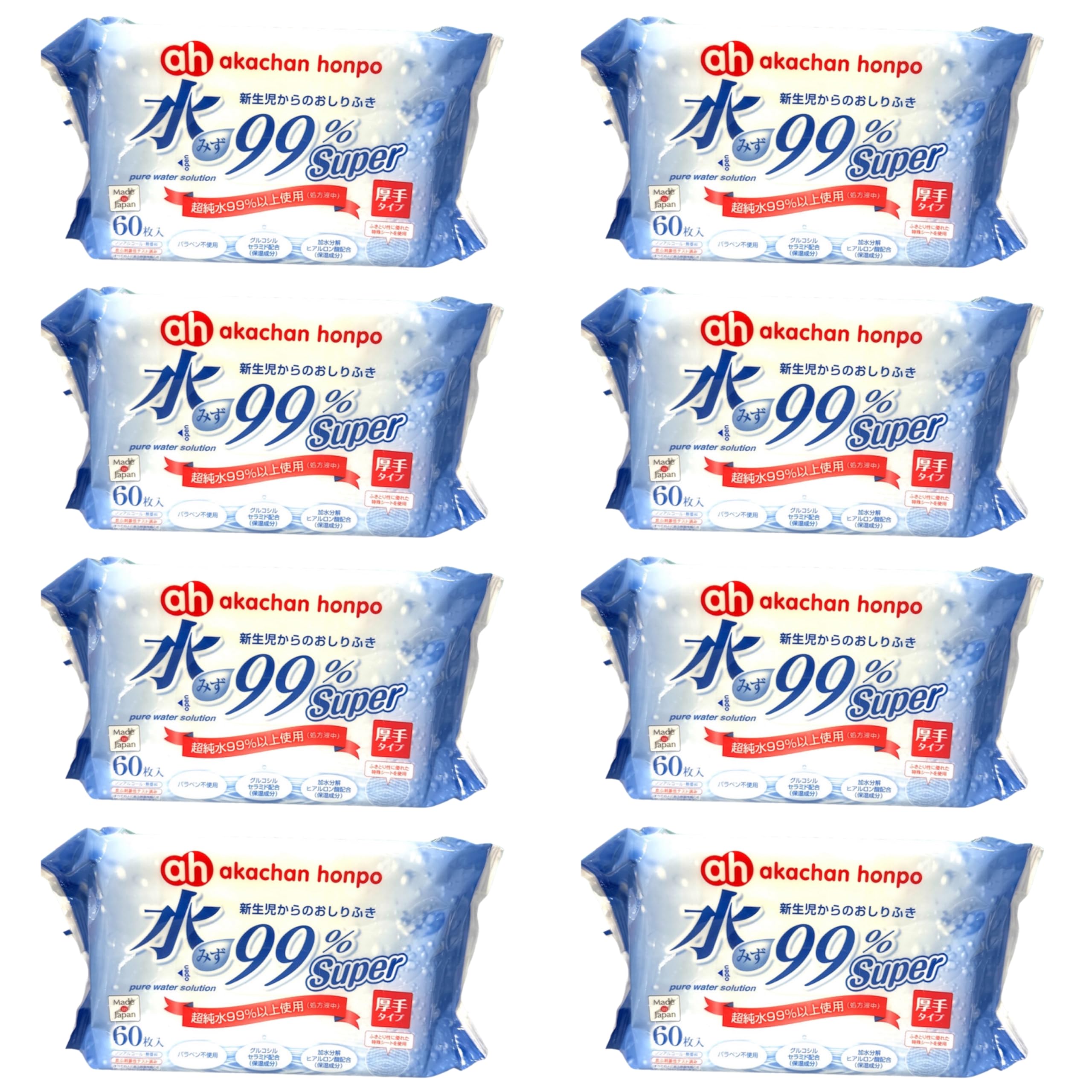 Akachan Honpo Super Thick Baby 60 sheets x 8 Thick Baby Pure Mild Contains Hyaluronic Acid Wipes, packs, Wipes, Water, Water, Acidity,