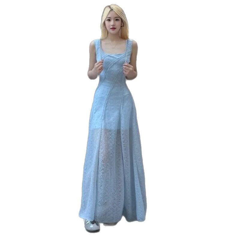 French feeling blue suspender dress women's summer great look beautiful waist thin temperament a word long dress