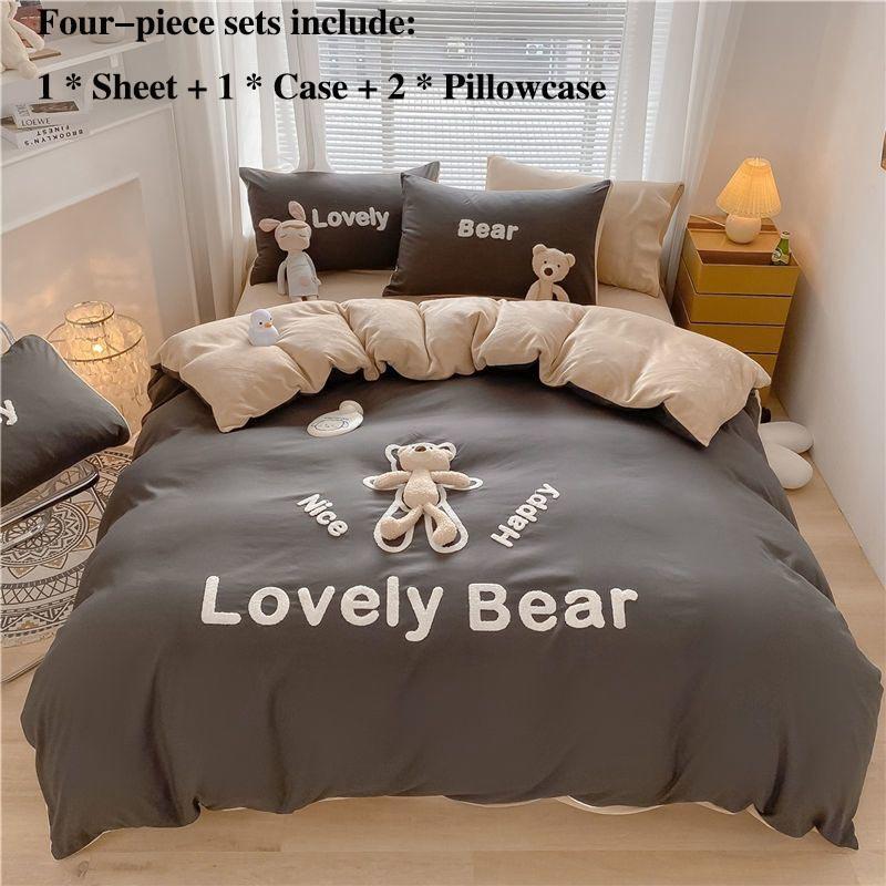 Milk Velvet Bed Four-piece Bed Single Suitbed Bedding Small Bear Model Princess Style Home Bedding