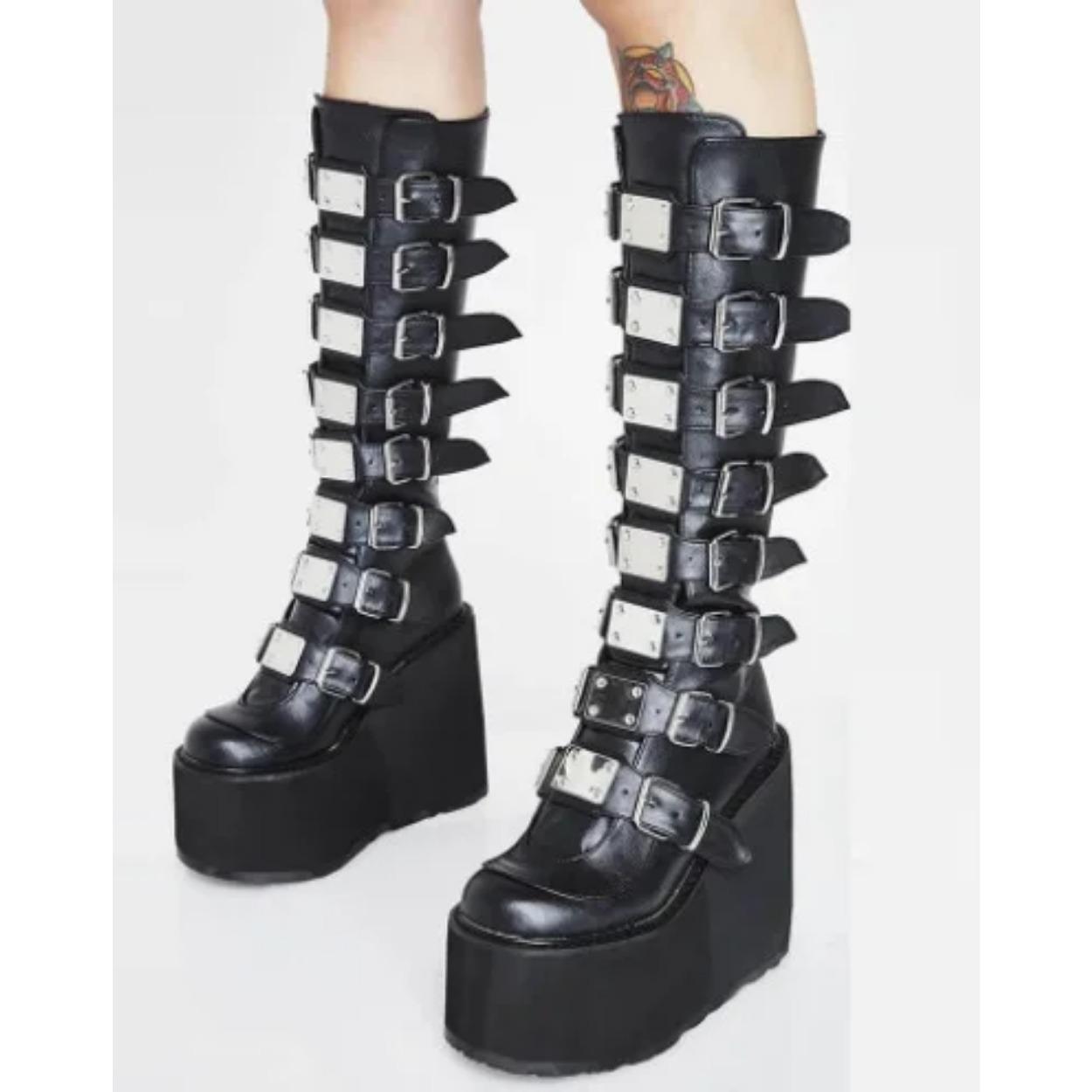 

Сапоги до колена - Металлическая пряжка Платформа Клиновидный каблук Высокий каблук Панк Кожа Женские сапоги 42