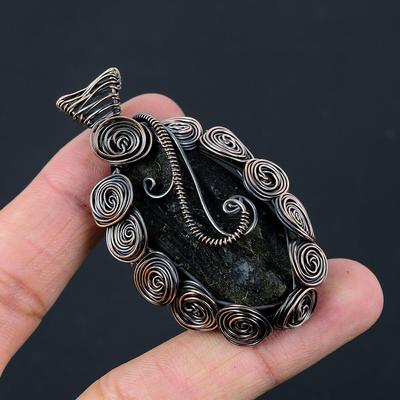 Black Tourmaline Gemstone Copper Wire Wrap Handmade Pendant Jewelry Gift