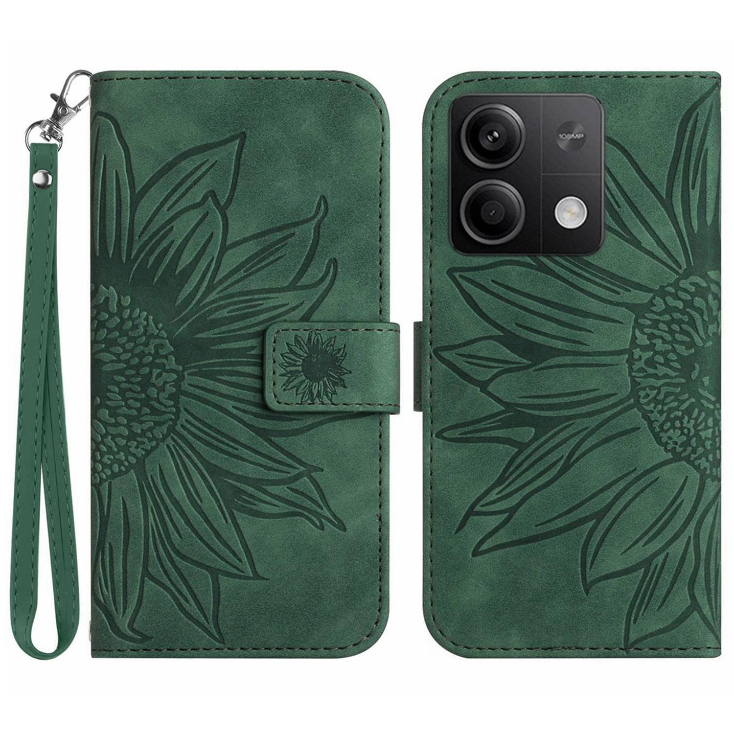 

HT04 For Xiaomi Redmi Note 13 4G Leather Wallet Flip Cover Sunflower Pattern Phone Case Dark Green