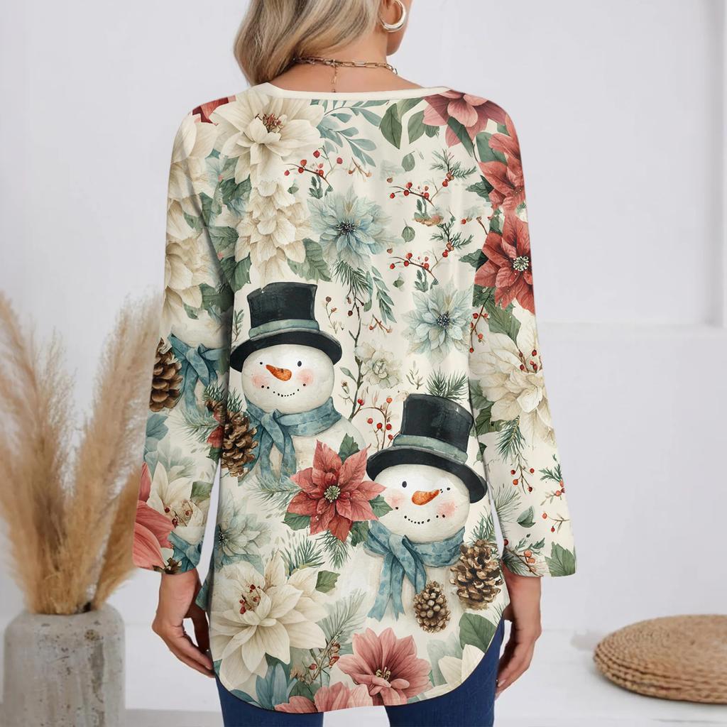 Ladies' Fashionable Casual Christmas Printed T-shirt Long Sleeved V-neck Mid Length Top