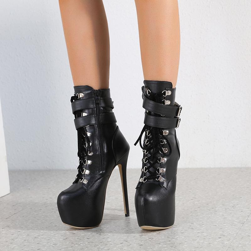 Fashion Sexy Buckle Strap 16.5 CM Extreme High Heels Platform Boots For Women Round Toe Cross Lace Up Party Club Stripper Shoes2025