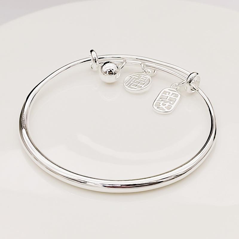 

Женский посеребренный браслет Ping An Fu, простой гладкий однотонный брендовый браслет Fu Push Pull для подарка на день рождения подруги Adjustable size