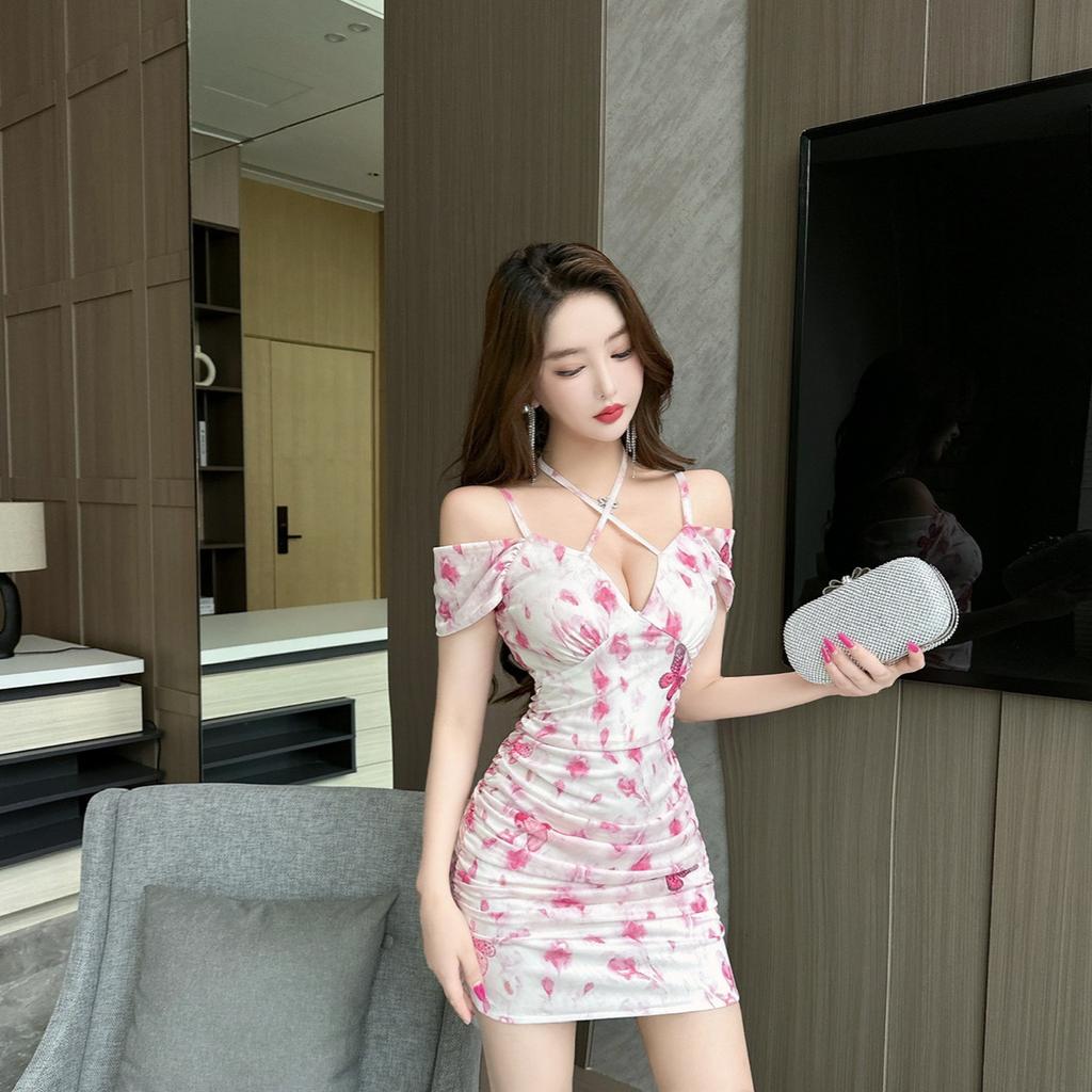 Sexy mesh yarn hip-wrapped short printed neck-hanging floral backless design sense nightclub work clothes low-cut dress