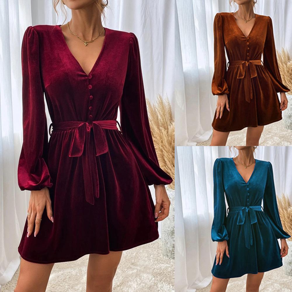 Women's V-neck Velvet Dress Autumn Winter Waist-cinching Slim-fit A-line Dress Long-sleeve Velvet Sexy Party Dress