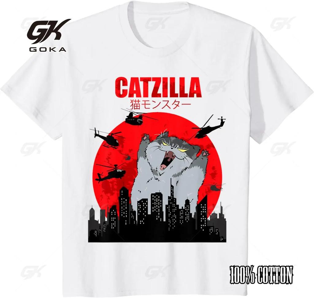 Funny Cute Art Japanese Cat Graphic for Cat Lover Catzilla TShirt Graphic Daily Casual Unisex T Shirts Women's Clothing Fashion