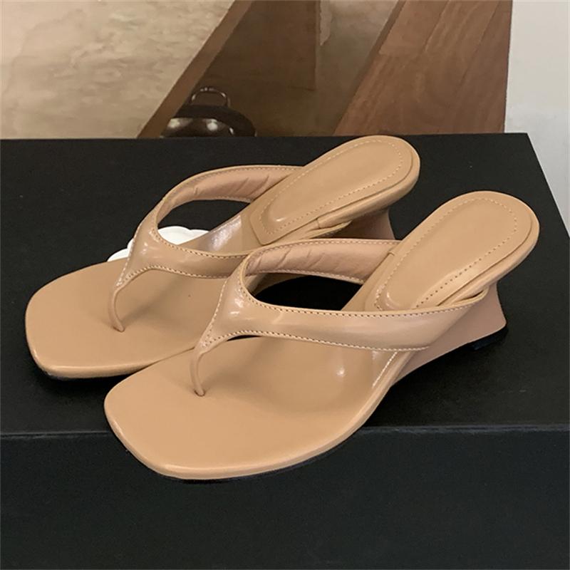 New Summer Wedges High Heels Women Slippers Fashion Square Clip Toe Party Sandals Flip Flops Female Shoes