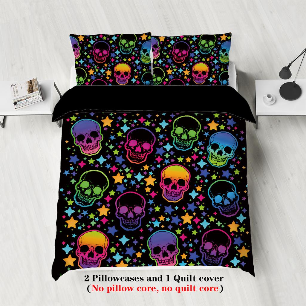 3-piece down duvet cover with skull pattern print (1 duvet cover+2 pillowcases, no core) gradient soft bedding set