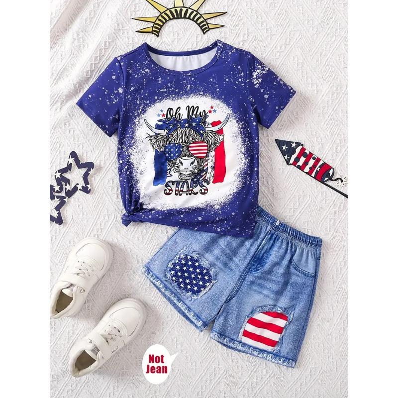 Girls Summer Cartoon Print Suit Without Pockets Fake Denim Shorts T-shirt Top Two-piece Set