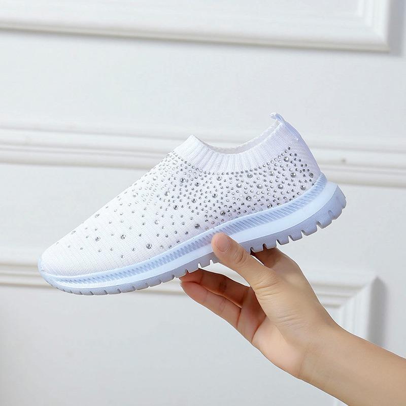 Large size spring and autumn new fashion casual rhinestone flying weaving women's sports style casual women's single shoes spot
