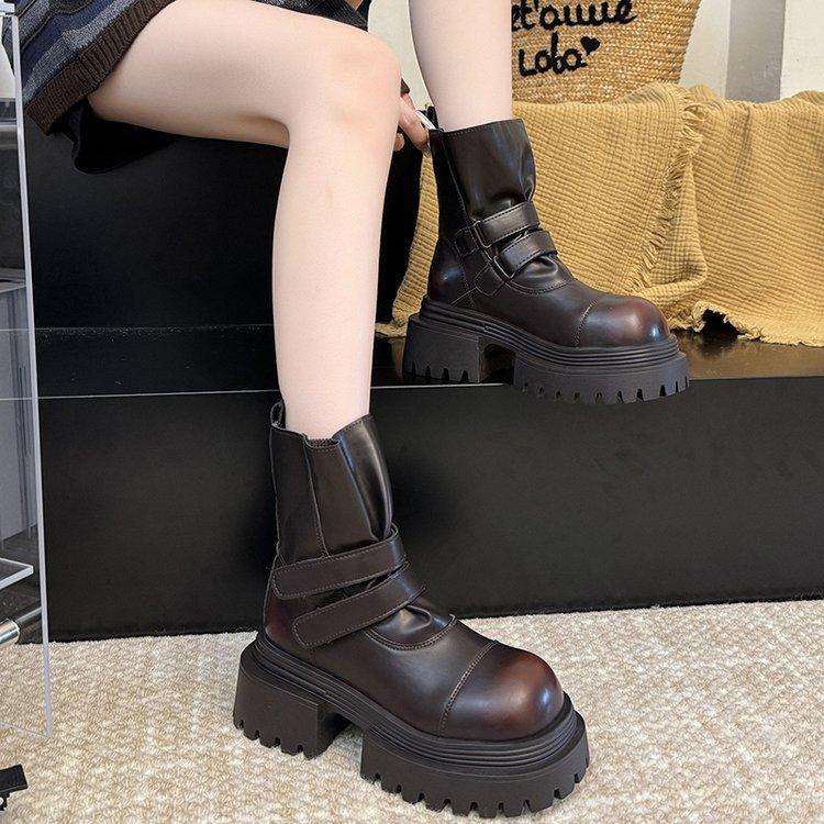 European leather Velcro platform muffin Martin boots versatile Chelsea boots platform small 6cm women's shoes