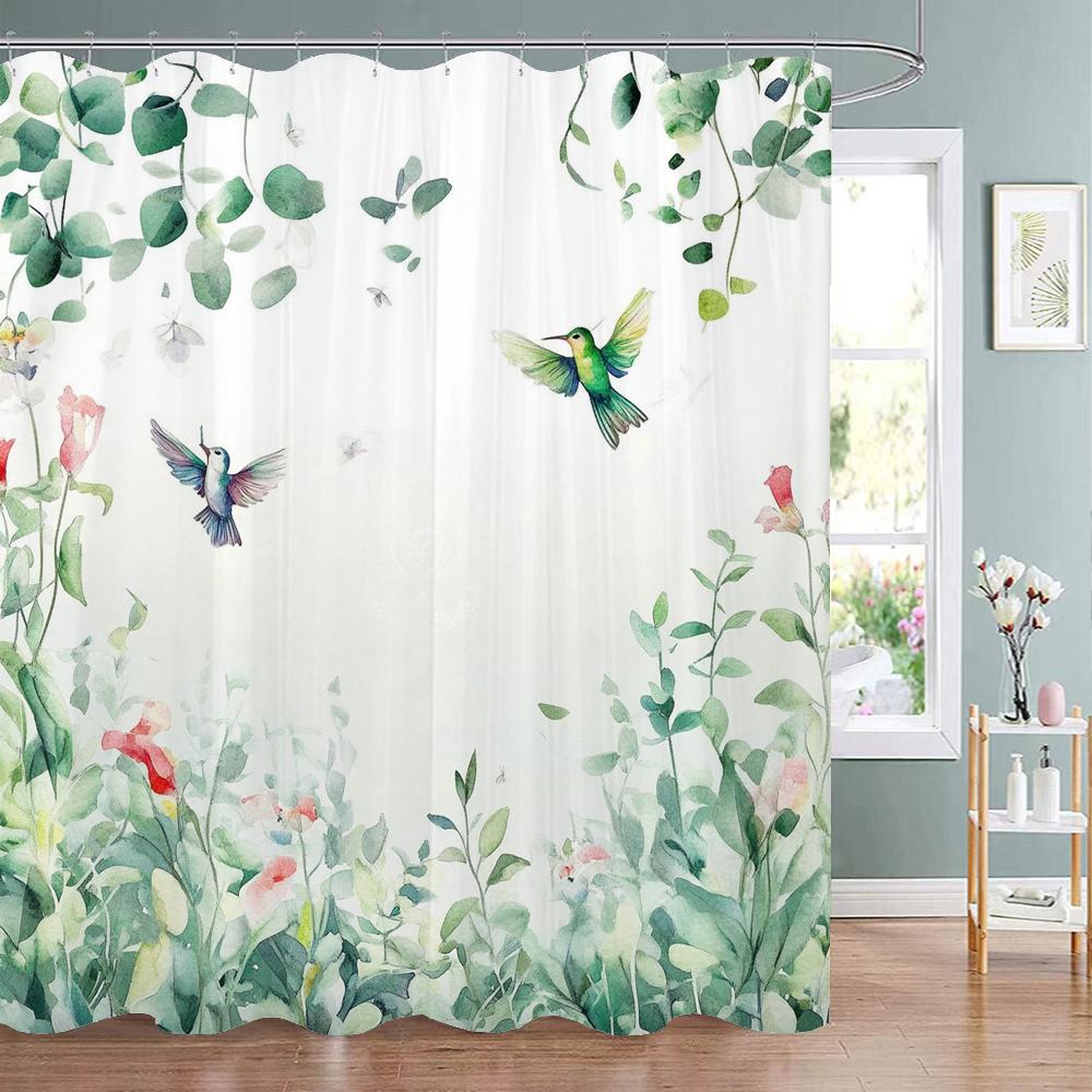 Spring Flowers and Plants Birds Shower Curtain, Bathroom Decorative Shower Curtain, Waterproof Shower Curtain with Hooks