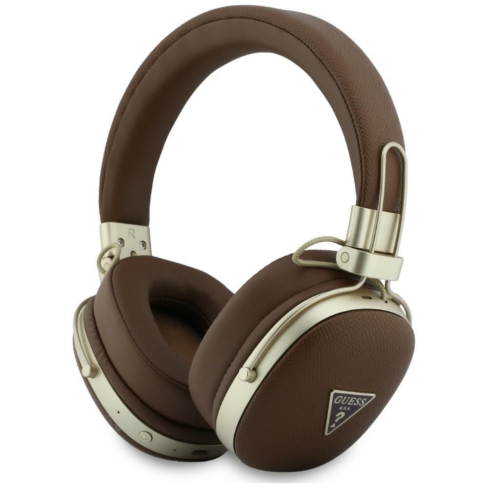 Słuchawki nauszne Guess Bluetooth ENC z metalicznym wzorem i trójkątnym logo, brązowe