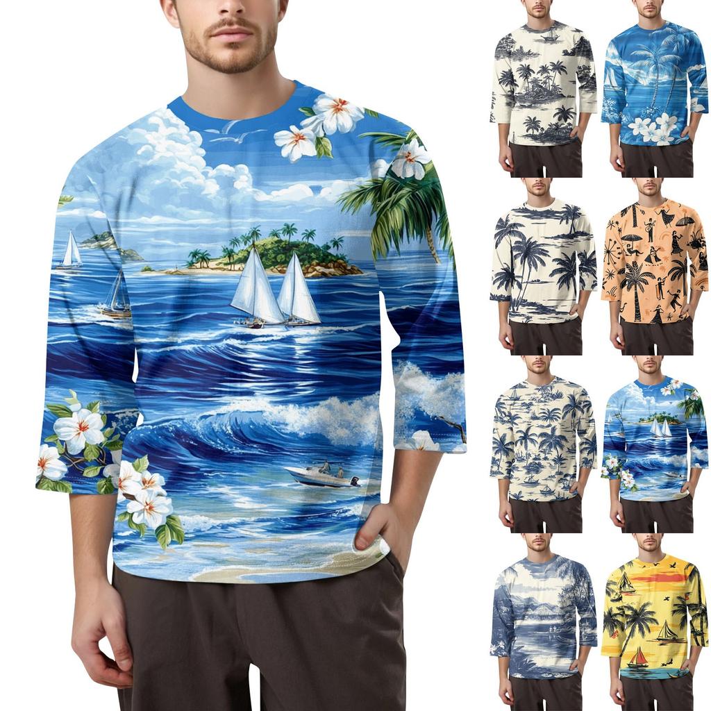 Men's Fashion Printed Round Neck 3/4 Sleeve Tops T-Shirt