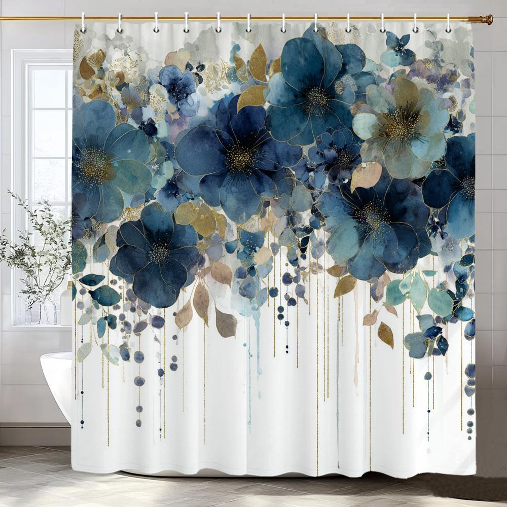 Watercolor Flowers And Plants Patterns Shower Curtain, Bathroom Decorative Shower Curtain, Waterproof Shower Curtain With Hooks