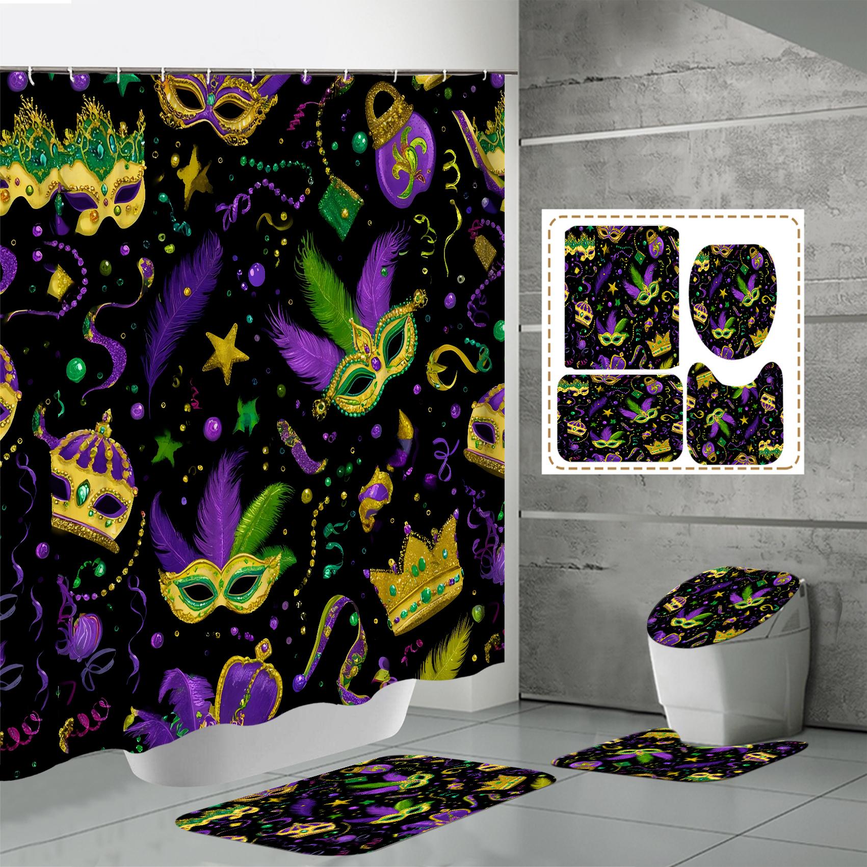 

4 ШТ. Наборы штор для душа со шторкой для душа и ковриками, коврик для крышки унитаза, U-образный коврик и коврик для ванной, набор для ванной комнаты с 12 крючками One Size