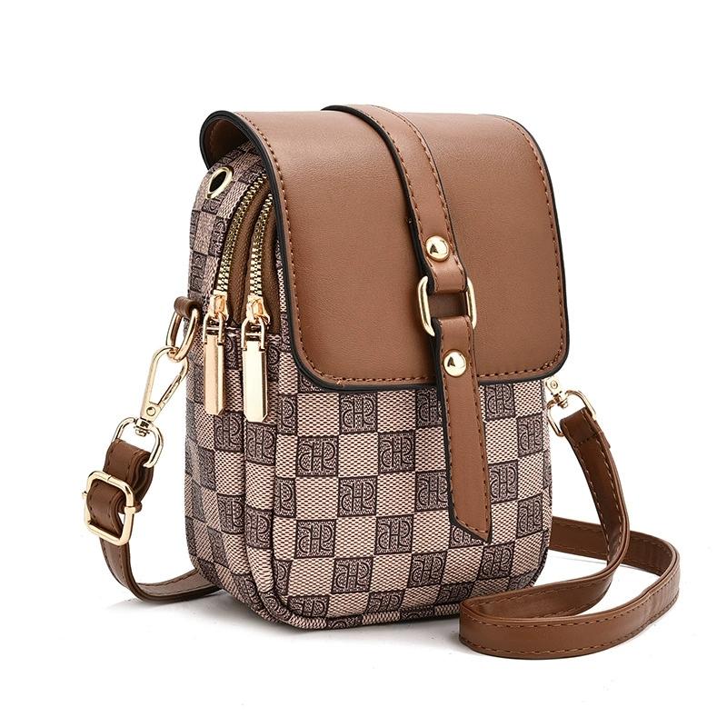 Women Mini Crossbody Phone Bag Flap Vintage Monogram PU Leather Double Zip Small Shoulder Bag with Adjustable Strap High Quality