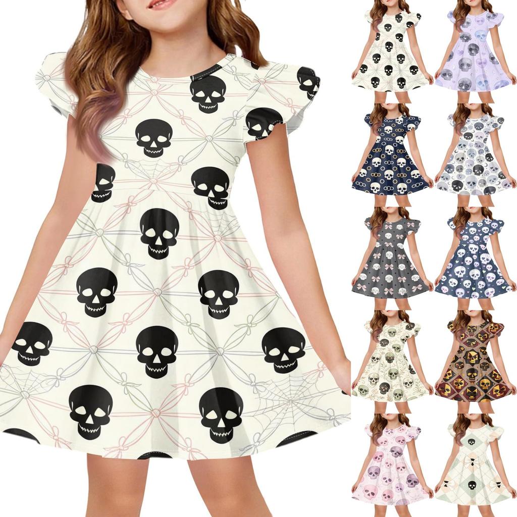 Kids Casual Halloween Printed Sleeve Dress for Party and Holiday