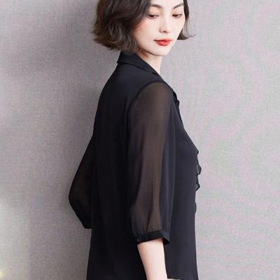 Camicia Nera in Raso da Donna 2025 Nuova Moda Camicia a Manica a Tre Quarti Top in Chiffon
