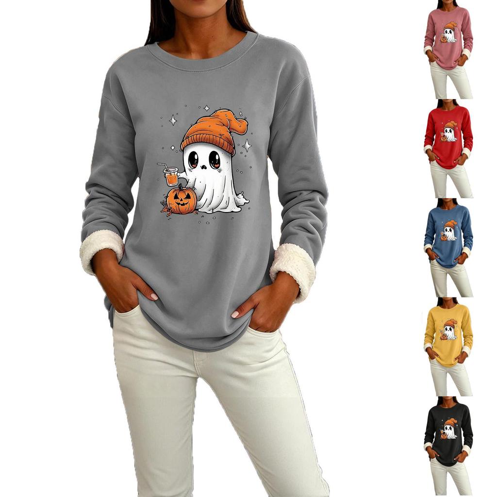 Women's Lined Long Sleeve Round Neck Halloween Print Top for Winter Casual Wear