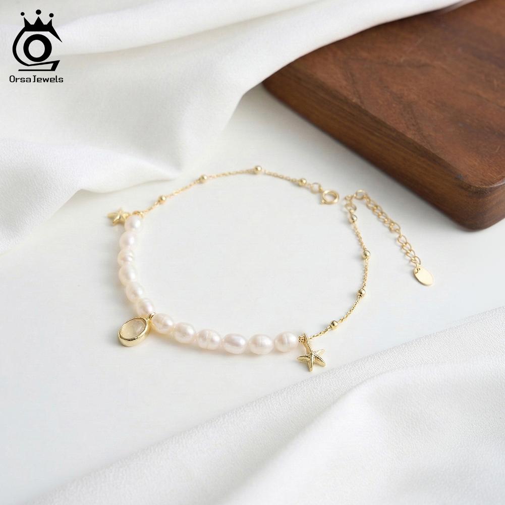 Rinntin 925 Sterling Silver Natural Freshwater Pearl Anklet for Women with Starfish Summer Holiday Foot Chain Jewelry SA97