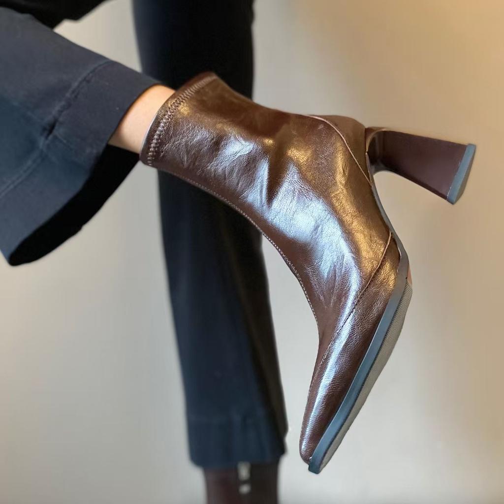 Fashion Retro Brown Pointed Toe Ankle Boots Chunky Heel Women Faion Waterproof Leather Comfortable Breathable Fall Winter Spring