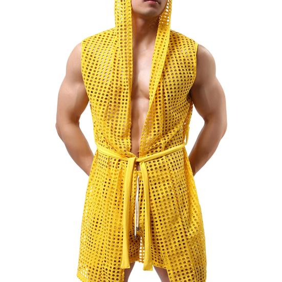 

Мужчины сексуальные ночные рукавы с капюшоном с твердым цветом Hollow Out Mesh Summer Loungewear Крушковая ночная одежда домашняя одежда домашняя одежда L жёлтый