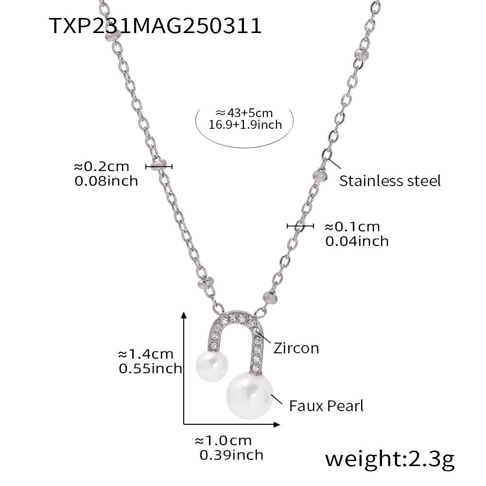 Qiong Yao U-Shaped Pearl Zircon Earring & Necklace Set - Gold Plated Stainless Steel, Non-Fading Jewelry for Women