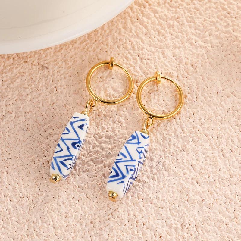 Chinese Style Hand Painted Ceramic Beads Earrings Pentagram Teapot Cup Shape Drop Earrings for Women Classic Designed Jewelry