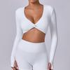 Long Sleeve Workout Tops for Women Twist Front Deep V Neck Cropped Athletic Top Yoga Pilates Gym Outfit