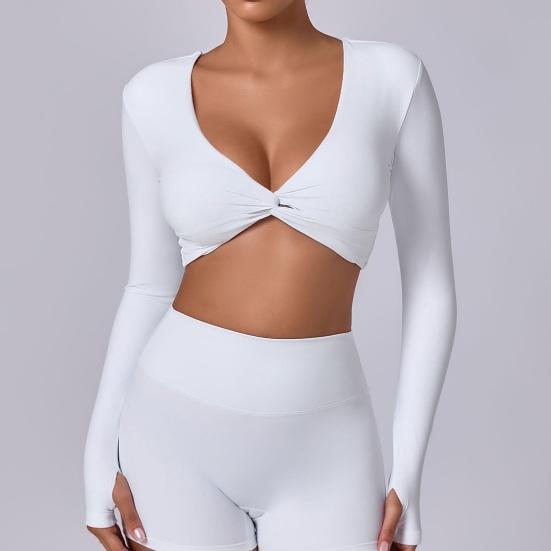 Long Sleeve Workout Tops for Women Twist Front Deep V Neck Cropped Athletic Top Yoga Pilates Gym Outfit