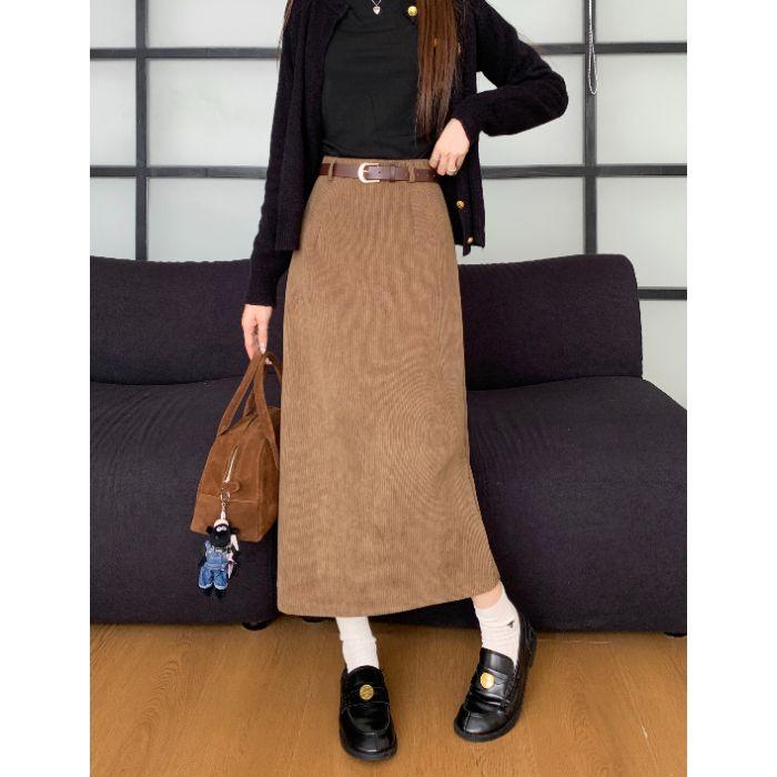 Women's High-Waist Corduroy Skirt: Retro Mid-Length with Spring/Autumn Slit & Hong Kong Style Drape.