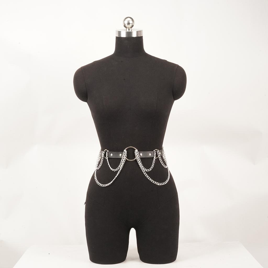 Black Leather Waist Chain Belt for Women, Silver Metal Ring Chain Tassel Body Belt, Adjustable Fashion Dress Jean Belt