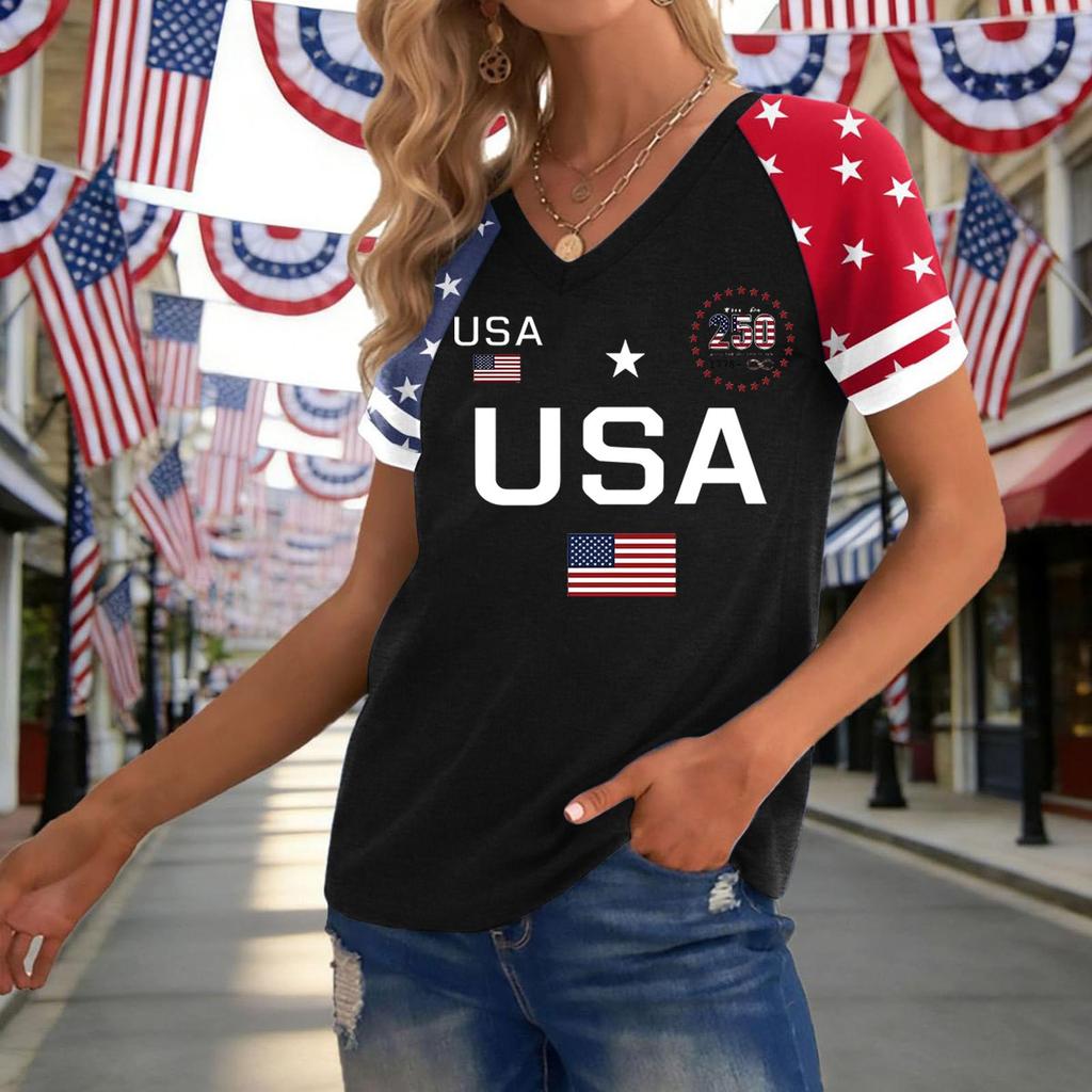 Damen Lässiger V-Ausschnitt Kurzarm Pullover Oberteil USA-Flagge Grafikdruck Leichter Weicher Stoff Lockere Passform T-Shirt
