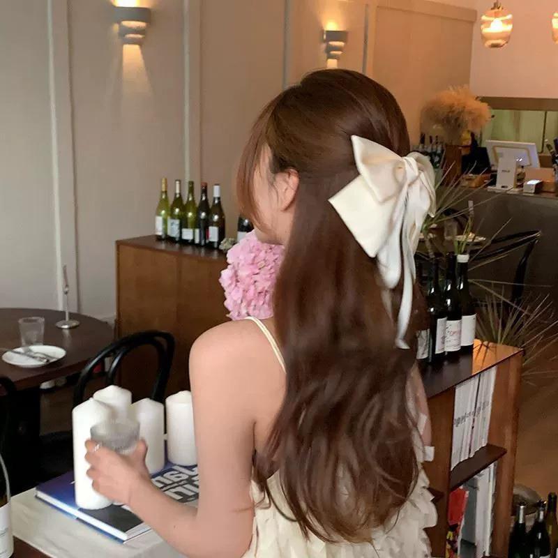 1Pc Summer Huge Bow Hair Clip Long Streamer Duck Billed Clip White Large Bowknot Satin Hairpin Elegant And Sweet Hair Accessory