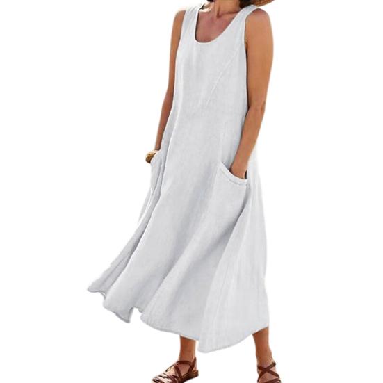 Vestido Maxi de Lino para Mujer Casual de Verano Holgado Sin Mangas Boho Tipo Camiseta Cuello Redondo Vestido de Sol para Vacaciones en la Playa con Bolsillos