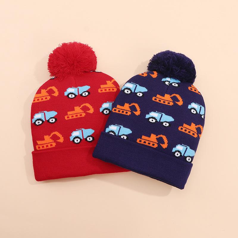Unisex Cartoon Excavator Wool Pom-Pom Knit Hat for Kids - Warm Autumn Winter
