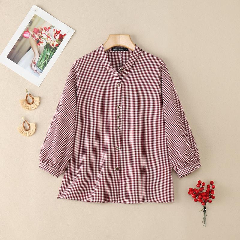 

ZANZEA Women Plaid Print Casual Turn Down Collar 3/4 Sleeve Blouse 5XL вино красного